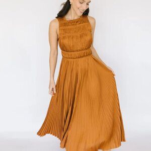 NWOT ULLA JOHNSON Elle Plissé Satin Midi Dress in Amber M $690.00